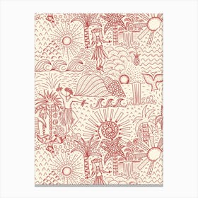 Hawaiian Toile Polynesian Hula Dance Tropical Landscape Cherry Red Cream White Canvas Print