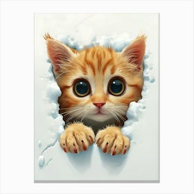 Cute Kitten Cat Peeking From Snow 4 Canvas Print