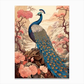 Peacock Animal Drawing In The Style Of Ukiyo E 1 Canvas Print