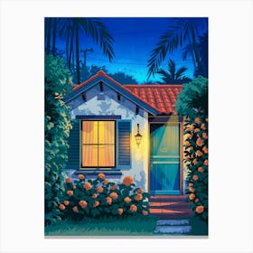 Anime Canvas Art: Cozy Tropical House with Glowing Window, Red-Tiled Roof, and Dense Jungle, Perfect for Lofi Aesthetic and Tranquil Nature Lovers. Canvas Print