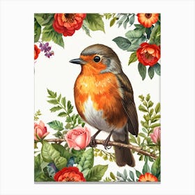 Robin With Flowers 3 Canvas Print