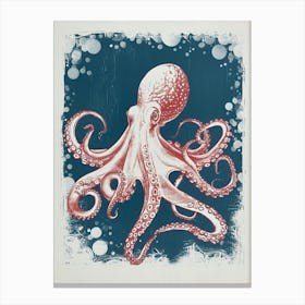 Red Linocut Inspired Octopus 3 Canvas Print