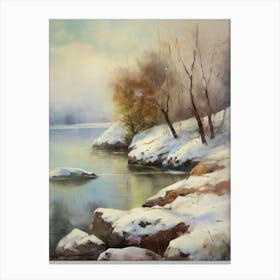 Ancient landscapes, old winter oil paintings and rocks around the lake bank. Snow is falling on the lake, old colors.14 Canvas Print