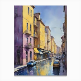 Colored Painting Of A Cityscape,Indigo And Yellow,Purple (25) Canvas Print