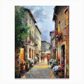 A painting of a street in a small town, a fine art painting, by Bernard D’Andrea, trending on cg society, josephine wall and pino daeni, beautiful painting of a tall, garmash, cinq terre, lourmarin, spring evening, in an alley, painted with a thin brush, raphaël, Canvas Print