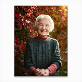 Elderly Woman Smiles Surrounded By A Vibrant Array Of Fall Foliage Golden And Crimson Leaves Frame Canvas Print