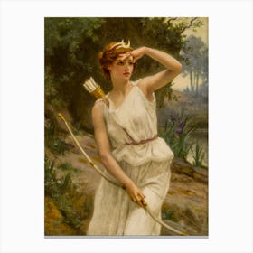 2nd Painting of "Diana the Huntress" by Guillaume Seignac (1870-1924) in HD | Remastered Immaculate Copy. Signed bottom left. Diana the Huntress painting, Guillaume Seignac art, classical mythology art, fine art nude, goddess Diana artwork, vintage oil painting, Art Nouveau style, mythological wall art, French academic painter, romantic realism painting, Artemis the Huntress, antique art reproduction, collectible fine art, feminine beauty painting, 19th-century artwork, elegant goddess decor, timeless classical art, mythology-inspired decor, French artist Guillaume Seignac, museum-quality prints. Canvas Print