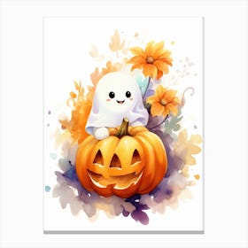 Cute Ghost With Pumpkins Halloween Watercolour 112 Canvas Print