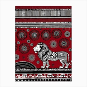 African Quilting Inspired Art of Lion Folk Art, Poetic Red, Black and white Art, 1217 Canvas Print