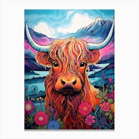 Colourful Illustration Of Highland Cow With Mountain & Lake Canvas Print