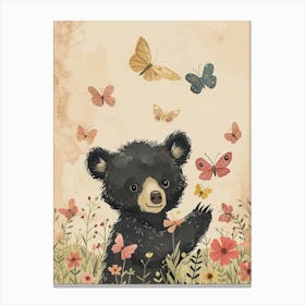 American Black Bear Cub Playing With Butterflies Storybook Illustration 2 Canvas Print
