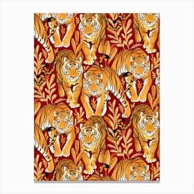 The Hunt Golden Orange Tigers On Red Canvas Print
