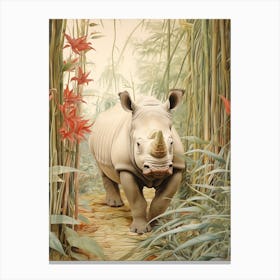 Vintage Illustration Of A Rhino Walking Through The Leaves 1 Canvas Print