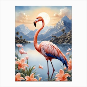 Floral Blue Flamingo Painting (52) Canvas Print