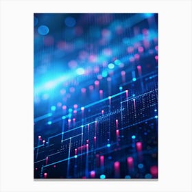 Abstract Digital Background With Blue And Pink Glowing Lines, Dots, And Grid Patterns Against A Dark Background, Creating A Sense Of Depth And Perspective 1 Canvas Print