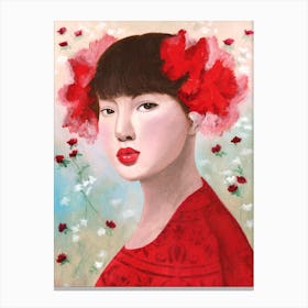 Chinese Woman With Red Flowers Canvas Print