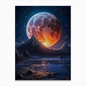 A full moon graces a surreal planet, its glow casting shadows on alien mountains — a cosmic nature in the galaxy of an interstellar landscape. Canvas Print