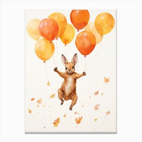 Kangaroo Flying With Autumn Fall Pumpkins And Balloons Watercolour Nursery 1 Canvas Print