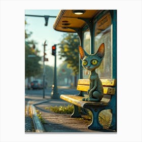 Friendly Alien Yellow Cat Like Eyes Perched On A Bus Stop Bench Whimsical Setting Etched With An Canvas Print