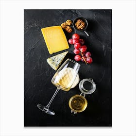 White wine and cheese — Food kitchen poster/blackboard, photo art Canvas Print