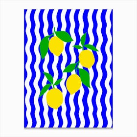 Lemons On A Blue And White Striped Wavy Background Canvas Print