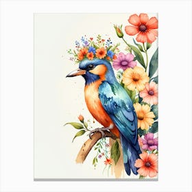 Watercolor Bird With Flowers Canvas Print