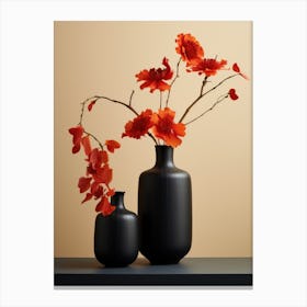 Two Black Vases With Red Flowers Canvas Print