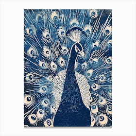 Blue Linocut Inspired Peacock Portrait 2 Canvas Print