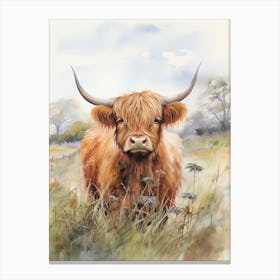 Grassy Highland Cow Watercolour 2 Canvas Print