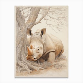 Rhino Lying Under The Tree Detailed Illustration 4 Canvas Print