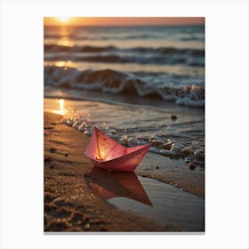 Paper Boat On The Beach At Sunset Canvas Print