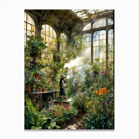 The Botanist ~ Witchy Art Print ~ Botany Witch in Grand Greenhouse Casting Spells With Plant Allies ~ Plant Witch, Green Witch Anime Japanese Inspired Cute Witch Pagan Cottagecore Witchcore Flowers Smoke Witchcraft Canvas Print