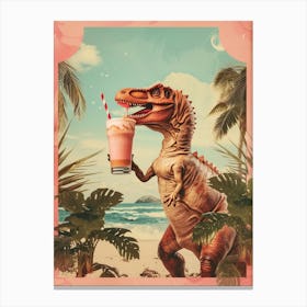 Dinosaur Drinking A Milkshake Retro Collage 1 Canvas Print