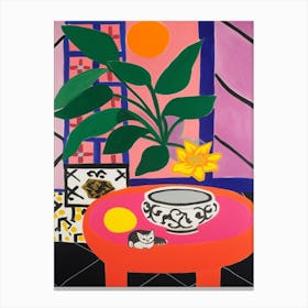 Painting Of A Still Life Of A Lotus With A Cat In The Style Of Matisse 4 Canvas Print