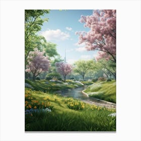 A Peak Into A Vibrant And Lush Park The Vivid Greens Of Spring Foliage Captured In A Soft Blur Add (4) Canvas Print