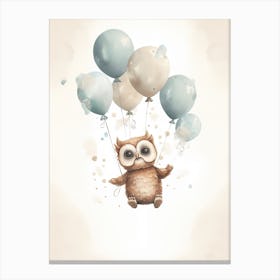 Baby Owl Flying With Ballons, Watercolour Nursery Art 3 Canvas Print