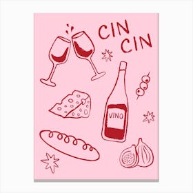 Girl Dinner. Cheese and Wine in Red and Pink Canvas Print
