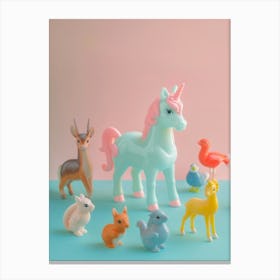 Toy Unicorn With Toy Woodland Friends Pastel Canvas Print