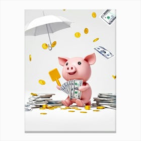 Baby Pig As A Corporate Mascot Clutching A Billfold Playing Cards Scattered Nearby Depicting Variou Canvas Print