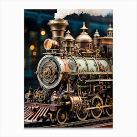 Close Up Of A Steampunk Locomotive Features Intricate Victorian Era Design Accessorized With Brass Canvas Print