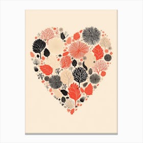 Ferns & Leaves In Detailed Line Heart Black Red Canvas Print