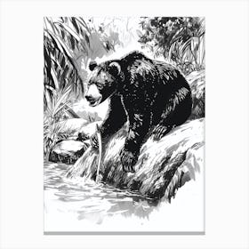 Malayan Sun Bear Fishing A Stream Ink Illustration 1 Canvas Print