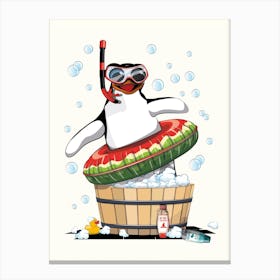 Penguin In Bubble Bath Canvas Print