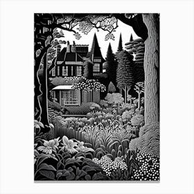 Fredriksdal Museum And Gardens, Sweden Linocut Black And White Vintage Canvas Print