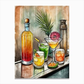 Watercolor Cocktail Bar Illustration Canvas Print