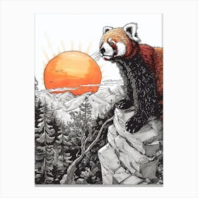 Red Panda Looking At A Sunset From A Mountaintop Ink Illustration 3 Canvas Print
