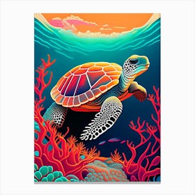 A Single Sea Turtle In Coral Reef, Sea Turtle Retro 1 Canvas Print