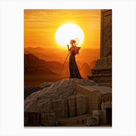 A Digital Painting Capturing The Merging Of Different Eras A Monumental Statue Of A Woman Holding T Canvas Print