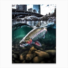 Calgary Cityscape And Trout Cresting Water - Rainbow Trout Canvas Print