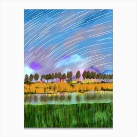 Rural scene with star trails landscape watercolor painting Canvas Print